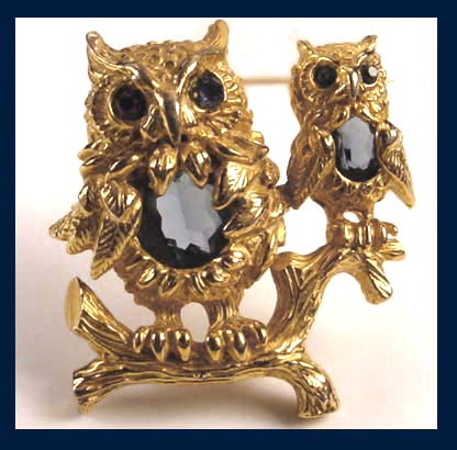 Polcini Faceted Blue Rhinestone Owl Pin Front