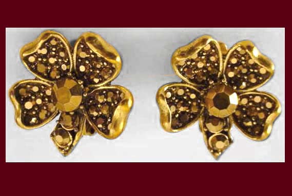 Weiss Gold Rhinestone Clover Earrings Front