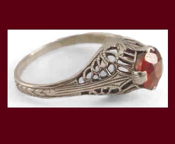 White 14K Gold Filigree Garnet Ring Front