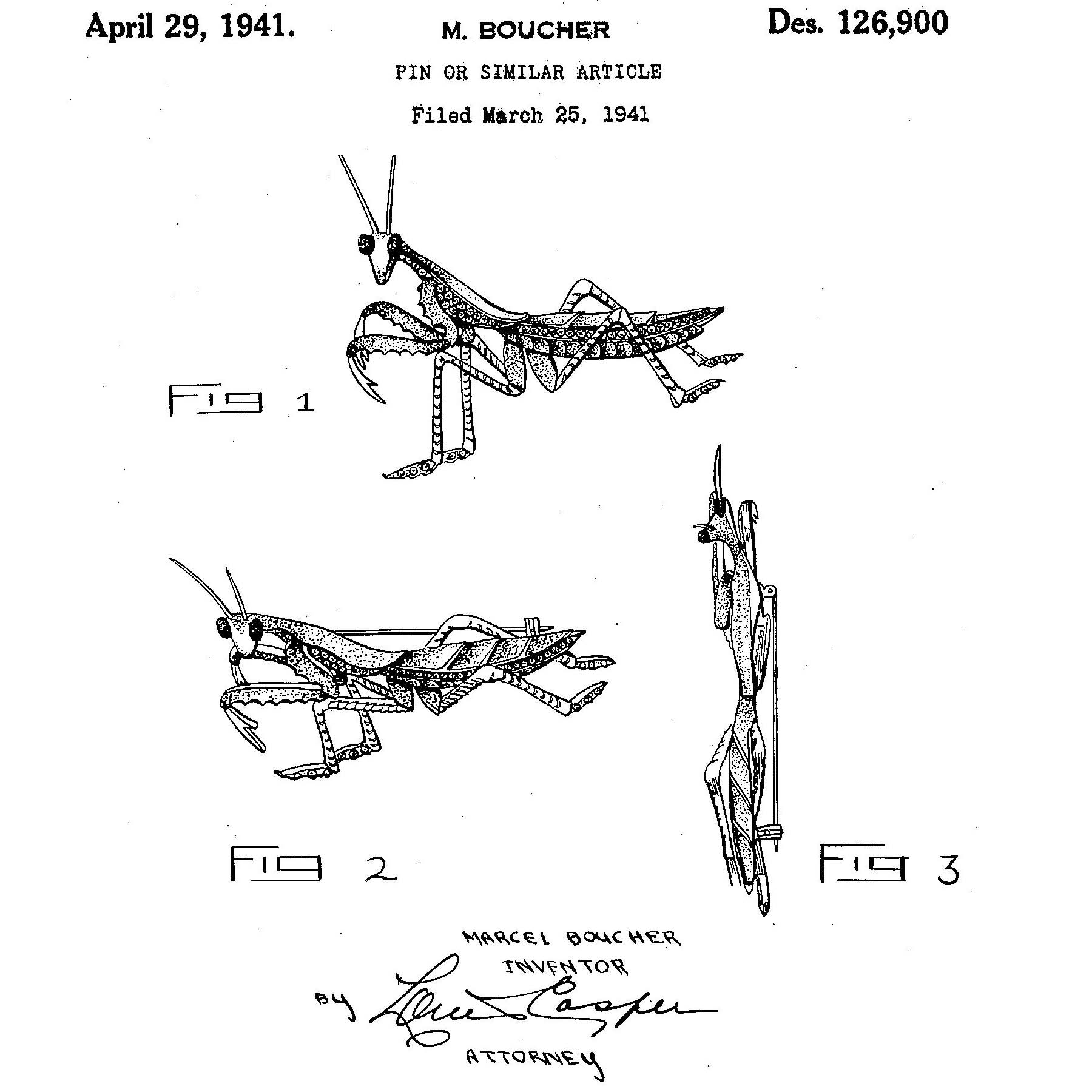 Boucher Pavé Rhinestone Praying Mantis Pin Patent