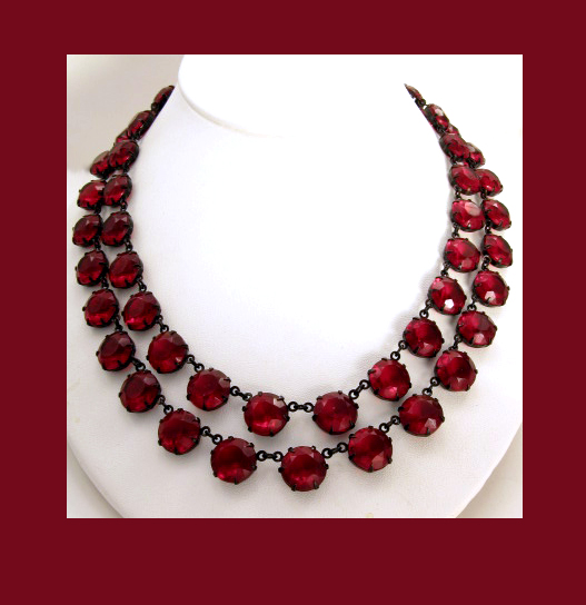 Ruby Red Rhinestone Double Strand Necklace