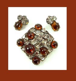 Black Diamond Rhinestone and Glass Amber Cabochons Pin and Earrings
