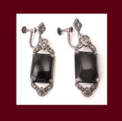Onyx, Marcasite & Sterling Art Deco Earrings