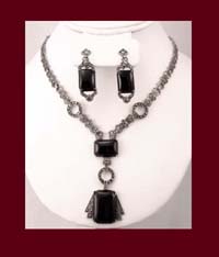 Onyx, Marcasite & Sterling Art Deco Necklace & Earrings