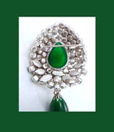 Austria Rhinestone and Green Glass Cabochon Pin Signature