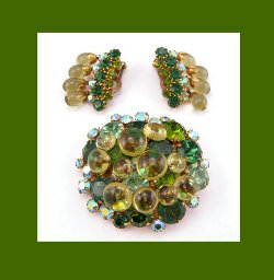 Austria Rhinestone and Glass Cabochon Earrings and Pin