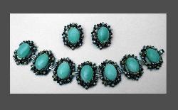 Aqua Cabochons & Imitation Pearl Bracelet & Earrings Front