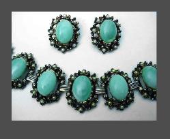 Aqua Cabochons & Imitation Pearl Bracelet & Earrings