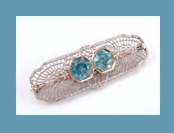 Genuine Blue Zircon White Gold Filigree Pin Front