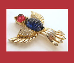 Ruby Red and Sapphire Blue Cabochon Bird Pin