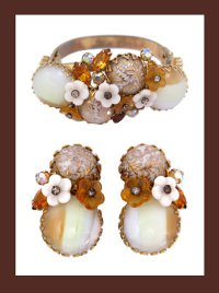 Alice Caviness (unsigned) Rhinestone and Glass Cabochon Bracelet and Earrings
