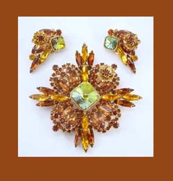 Alice Caviness Shades of Topaz Rhinestone Pin and Earrings