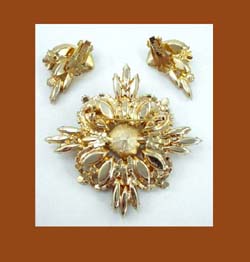 Alice Caviness Shades of Topaz Rhinestone Pin and Earrings Signature