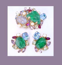 Alice Caviness Art Glass and Rhinestone Brooch and Earrings