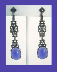 Periwinkle Chalcedony Long Sterling and Marcasite Earrings