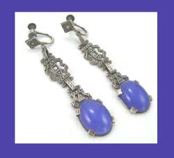 Periwinkle Chalcedony Long Sterling and Marcasite Earrings Front