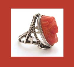 Coral Glass Cameo Sterling Ring