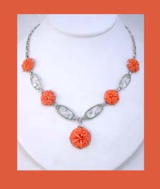 Coral Glass Floral Necklace with Enamel Front