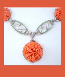 Coral Glass Floral Necklace with Enamel Close