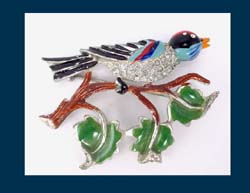 Coro Enamel & Rhinestone Bird on a Branch Pin Front