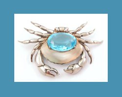 Sterling Vermeil Blue Rhinestone Crab Pin
