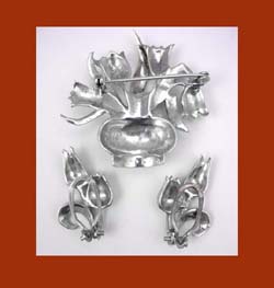 Champlev&eacute; Enamel Sterling Flowers Brooch & Earrings Back