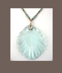 Molded Glass Shell with Enamel & Sterling Chain Close Up