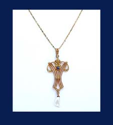 14k Gold Seed Pearl and Triplet Stone Lavaliere Front