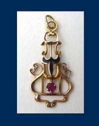 Gold Enamel & Red Stone Lavaliere