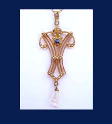 14k Gold Seed Pearl and Triplet Stone Lavaliere Close