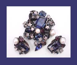 Sapphire Blue & Amethyst Rhinestone Brooch & Earrings