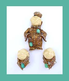 Har Laughing Chinaman Pin and Earrings