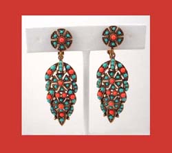 Hobe Turquoise & Coral Colored Plastic Cabochon Earrings