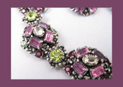 Hollycraft Olivine and Amethyst Rhinestone Bracelet and Earrings Close