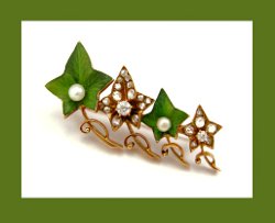 Victorian 14k Gold and Diamond Enamel Ivy Brooch