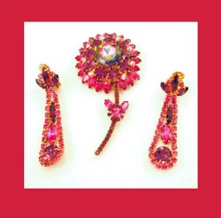 Juliana Watermelon Rhinestone Flower Pin and Earrings