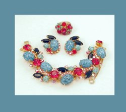 Juliana Turquoise and Red Rhinestone Bracelet, Earrings and Ring