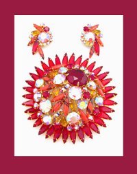 Amazing Juliana Red and Striped Orange Rhinestone Pin and Earrings Front