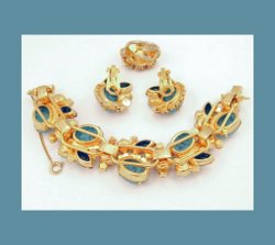 Juliana Turquoise and Red Rhinestone Bracelet, Earrings and Ring Back