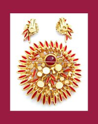 Amazing Juliana Red and Striped Orange Rhinestone Pin and Earrings Signature