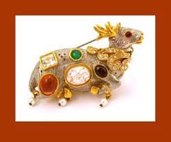 Kenneth J. Lane Rhinestone and Cabochon Deer Pin Front