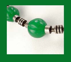 Machine Age Green Glass Bead Necklace Close Up