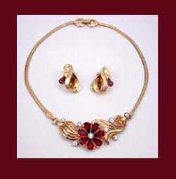 Mazer Brothers Ruby Red Rhinestone Retro Necklace & Earrings