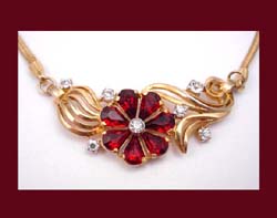 Mazer Brothers Ruby Red Rhinestone Retro Demi Parure Close Up