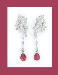 Panetta Ruby Red and Sparkling Clear Rhinestone Earrings Front