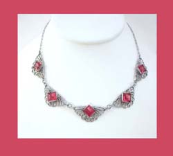 Pink Rhinestone Filigree Necklace