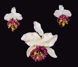 Reja Enamel Orchid Flower Pin and Earrings