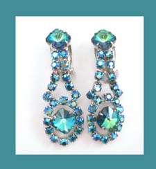Blue Green Rivoli Rhinestone Earrings 