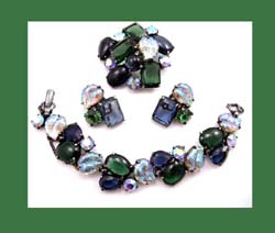 Schiaparelli Glass Leaf and Rhinestone Bracelet, Pin and Earrings