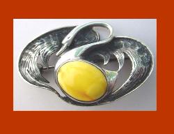 Silver Swan & Amber Cabochon Pin